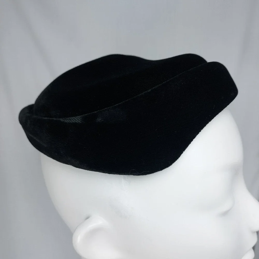 Vintage 1950's Womens Pillbox Hat Black Velvet Removable Modesty Veil Sz Large